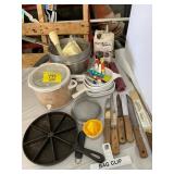 DIVIDED CAST IRON SKILLET, CROCK POT, CHIP CLIPS,