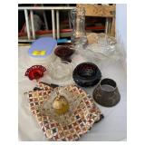 PURPLE GLASS PLANTER W/ FLOWER FROG, PURPLE GLASS