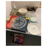 MAPS UNDER TABLE, PYREX BLUE DESIGN CASSEROLE,