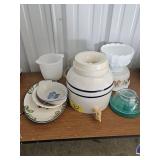 STONEWARE DRINK DISPENSER, MILK GLASS, GLASS ICE