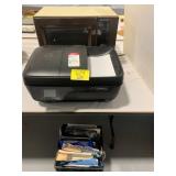 HP OFFICEJET PRINTER, CRATE OF PAPER UNDER TABLE,