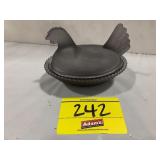 SMOKY GREY COLORED GLASS HEN ON NEST