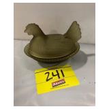 OLIVE GREEN COLORED GLASS HEN ON NEST
