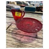 AMBERINA RED GLASS CAKE PLATE & PITCHER
