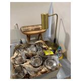 GLASS CANDLE PILLARS, MINI WOOD STOOL, DESK