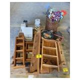 WOODEN SHELVES OF ALL STYLES, COFFEE POT,