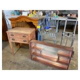 WOODEN MIRROR SHELVES, METAL BARSTOOL, WOODEN END