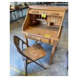 OAK ROLL-FRONT SECRETARY DESK, ANTIQUE FOLDING