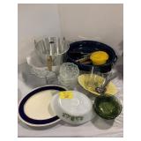 MCM GREEN GLASS BOWLS, GRANITEWARE ROASTER,