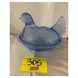 LIGHT BLUE GLASS HEN ON NEST