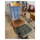 WOODEN ROCKING CHAIR, GREEN LEATHER OTTOMAN
