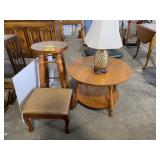 WOODEN BARSTOOL, WOODEN END TABLE, LAMP, STOOL