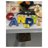 BOX OF ATLAS JARS UNDER TABLE, GROUP OF HALLOWEEN