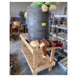 HOMEMADE WOODEN WORK TABLE, PLASTIC RAIN BARREL,