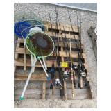 PALLET OF FISHING POLES, LURES & NETS