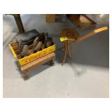 ANTIQUE WOODEN COKE CRATE, CAST IRON SAD IRONS,