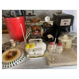 CLOWN COOKIE JAR, BUNN COFFEE MAKER, METAL RACKS,