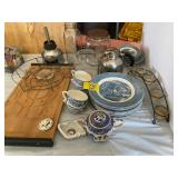 BLUE & WHITE CHINA, WOOD CARVING BOARD, CANISTER