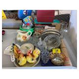 PAIR OF ROOSTERS, CARNIVAL GLASS FISH, FOOD