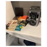 PAIR OF SONY SPEAKERS, COUNTRY MUSIC BOOKS, CAR
