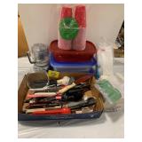 FLAT OF KITCHEN UTENSILS, PLASTIC FOOD STORAGE &