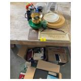 3 BOXES OF BOOKS UNDER WAGON, COFFEE POT, PLASTIC