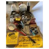 ANTIQUE WOODEN PRESS, ENAMELWARE POTS, GRINDER,