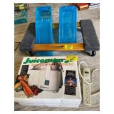 JUICE EXTRACTOR, FURNITURE DOLLY, 2 PLASTIC TUBS,