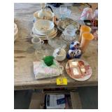 2 BOXES OF BOOKS UNDER WAGON, ORANGE GLASS VASES,