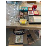 3 BOXES OF BOOKS UNDER WAGON, ETCHED STEMWARE,