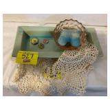 PINK DEPRESSION GLASS BOWL, DOILIES, I LIKE ELVIS