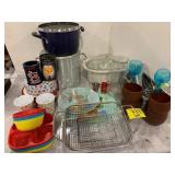 STOCK POT, LARGE CASSEROLE PAN, PLASTIC CUPS,