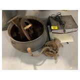 BLACK HAWK ANTIQUE CORN SHELLER, ANTIQUE POT,