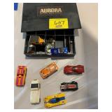6 VINTAGE SLOT CARS, CASE W/ VINTAGE SLOT CAR