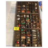 ANTIQUE WOODEN PRINTER'S TRAY FULL OF MINIS OF