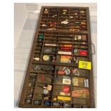ANTIQUE WOODEN PRINTER'S TRAY FULL OF MINIS OF