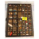 ANTIQUE WOODEN PRINTER'S TRAY FULL OF MINIS OF