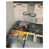 3 FRAMED VINYL RECORDS, CANISTER JARS, MIRROR