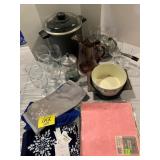 HAND TOWELS, STEMWARE, PURPLE GLASS PITCHER,