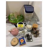 STEMWARE, TUPPERWARE TREAT KEEPER, FIGURINES,