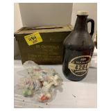 MAIN ST JUG, MARBLES, METAL AMMO CAN