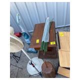 FAN, GARDEN STAKES, WOODEN TABLE W/ DRAWER,