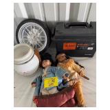 PLANO BOX, TIRE CLOCK, DOLLS, EAGLE JAR