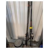 MINNOW BUCKETS, 3 RODS & REELS