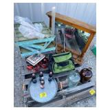 COKE BOTTLES, WOODEN MIRROR-TOPPER SHELF, GLASS