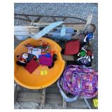 SNOW SAUCERS, SLED, GIRLS BACKPACK, NERF GUN, M&M