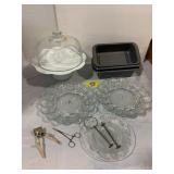 GLASS EGG PLATES, BAKING PANS, CAKE STAND W/