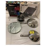 INDUCTION COOKTOP, PANS, MIRROR CLOCK, COLOR