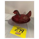 RUBY RED GLASS HEN ON NEST