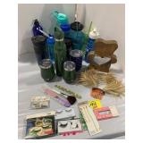 TRAVEL THEMOS, WOODEN BEAR FIGURE, MAKEUP BRUSHED